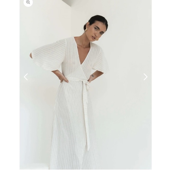 Lu ciee Natural Stripe Linen Blend Wrap Midi Dress Minimalist Classic Chic - Picture 4 of 14